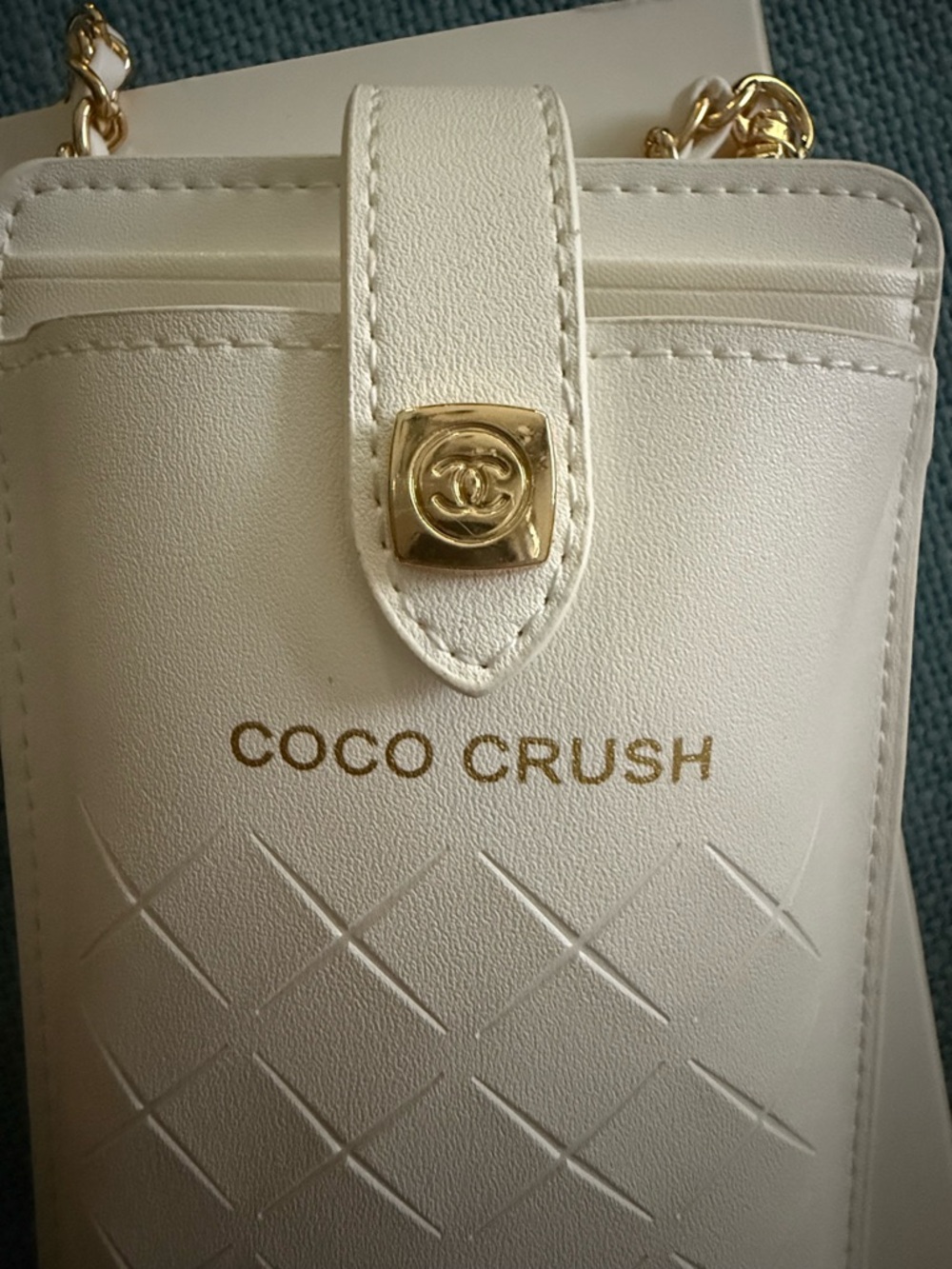 White Quilted Phone Crossbody with Gold Chain - Picture 4 of 8